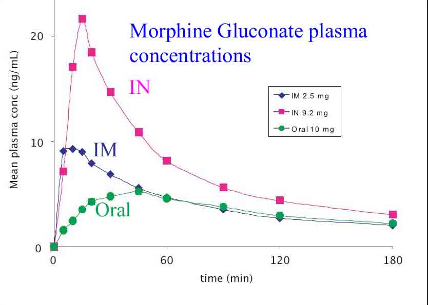 Morphine plasma concentrations following IN, IM and oral dosing