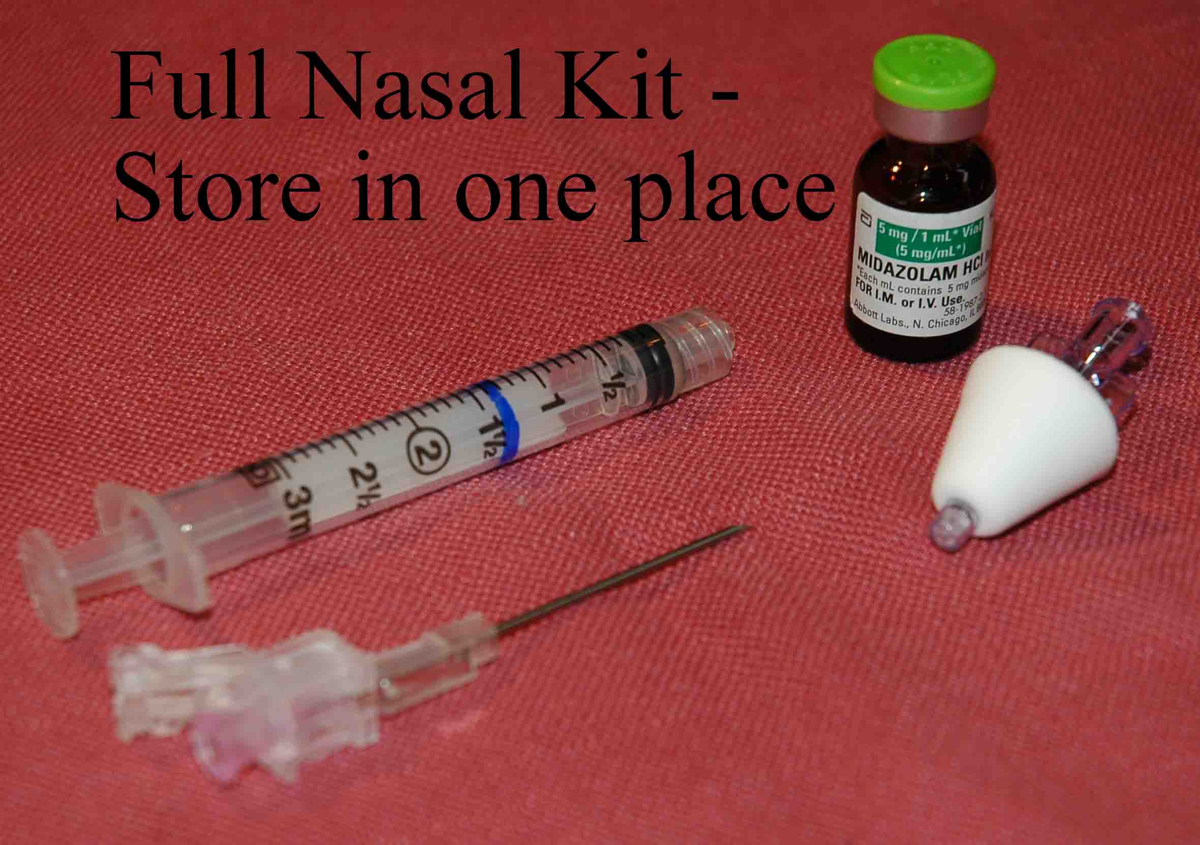 Full kit photo including syringe, atomizer, needle and drug vial should be stored in same place in home