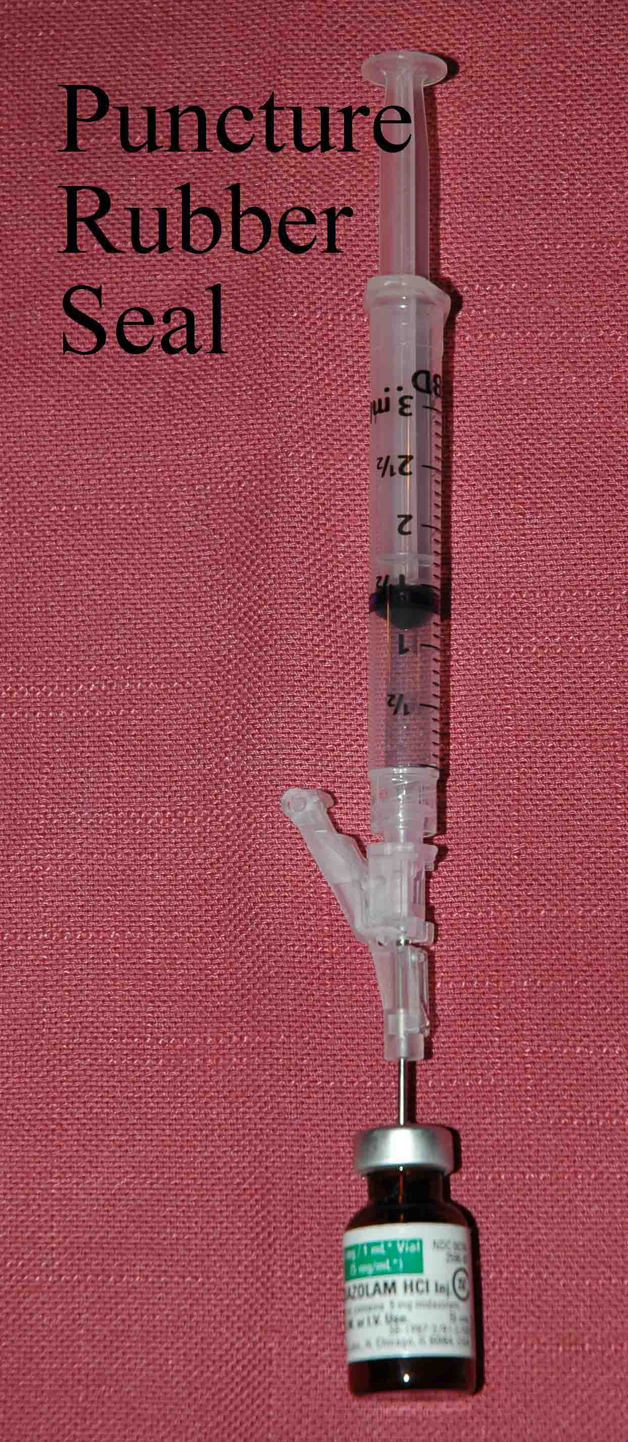 Puncture vial rubber seal with needle on syringe